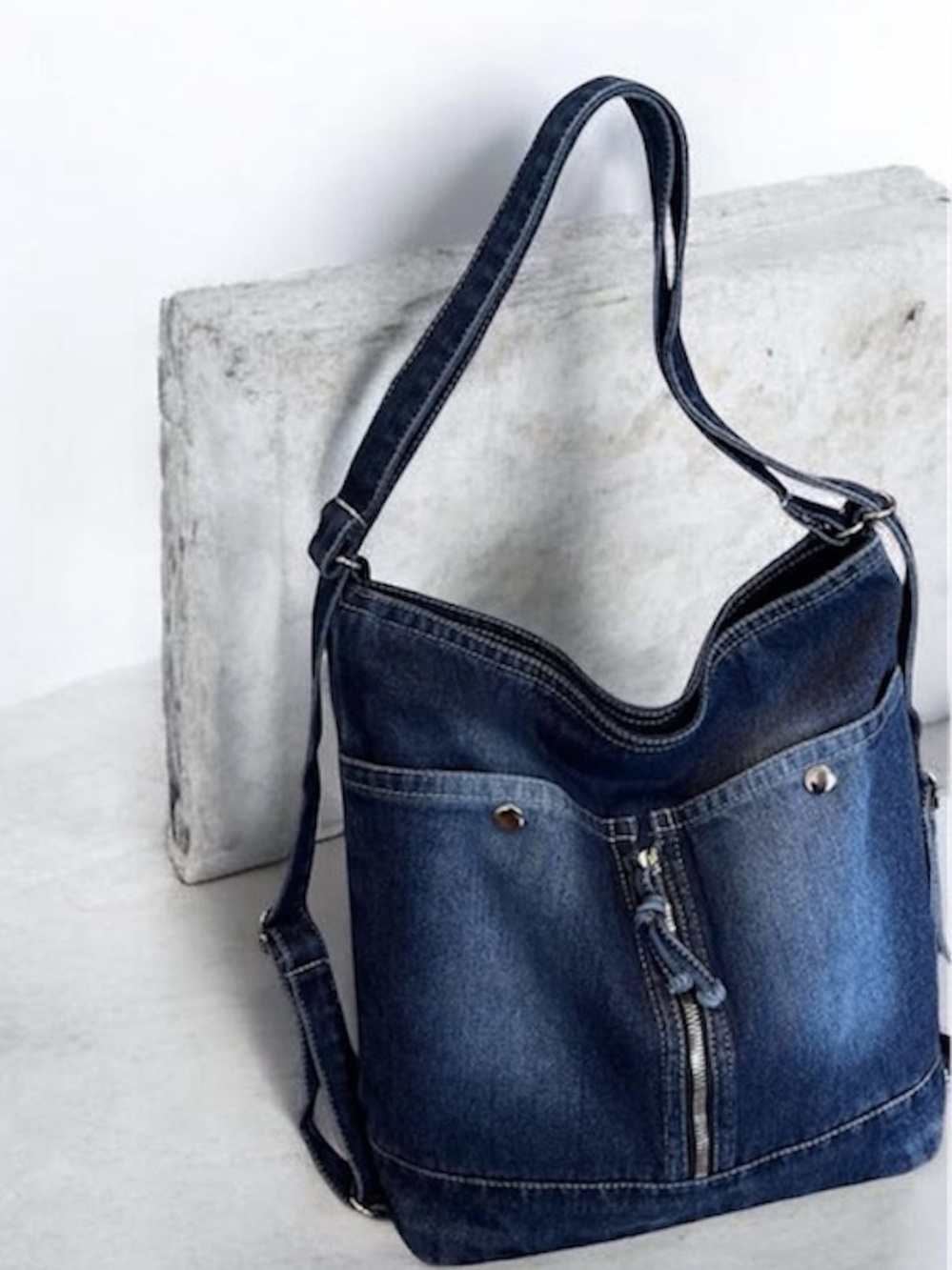 Denim Hobo Shoulder Bag - Dark Blue - Picture 4 of 9